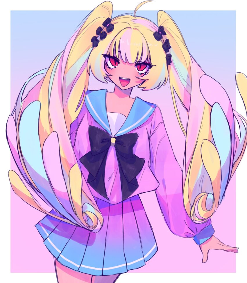 1girl, ahoge, alternate_skin_color, aqua_hair, black_bow, blonde_hair, blue_sailor_collar, bow, chouzetsusaikawa_tenshi-chan, dark-skinned_female, dark_skin, gradient_background, gradient_clothes, gradient_skirt, hair_between_eyes, hair_bow, highres, long_hair, long_sleeves, multicolored_hair, multiple_hair_bows, needy_girl_overdose, niwatonira, open_mouth, pink_hair, pink_serafuku, pink_shirt, pleated_skirt, red_eyes, sailor_collar, school_uniform, serafuku, shirt, skirt, tsurime, twintails