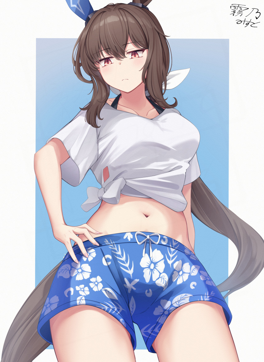 1girl, absurdres, admire_vega_(umamusume), animal_ears, blue_shorts, breasts, brown_eyes, brown_hair