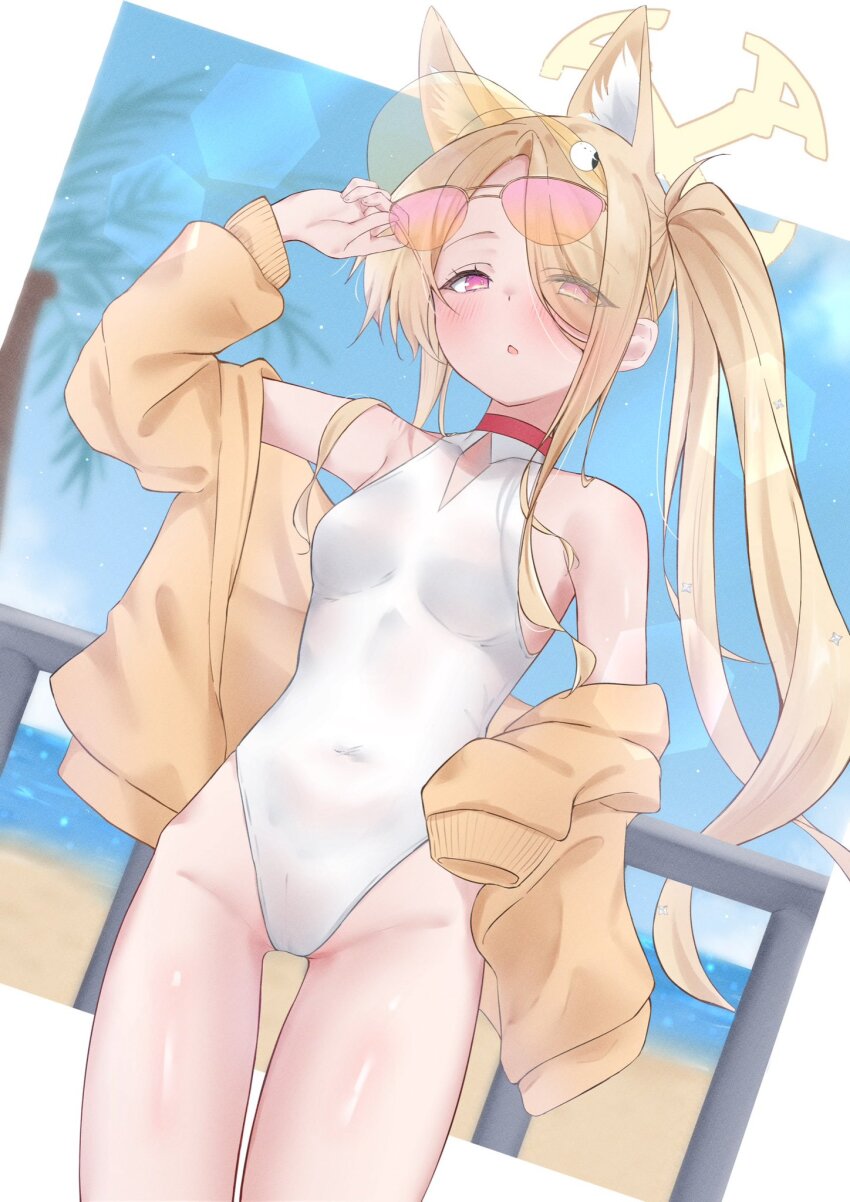 1girl, :o, against_railing, animal_ear_fluff, animal_ears, bare_shoulders, blonde_hair, blue_archive, blue_sky, blush, breasts, commentary_request, covered_navel, cowboy_shot, cross_halo, day, diamond_cutout, dot_nose, extra_ears, eyes_visible_through_hair, fox_ears, fox_girl, gluteal_fold, hair_over_one_eye, hair_over_shoulder, half-closed_eyes, halo, hand_up, highleg, highleg_one-piece_swimsuit, highres, holding, holding_removed_eyewear, jacket, kowaku, loli, long_hair, long_sleeves, looking_at_viewer, ocean, off_shoulder, one-piece_swimsuit, open_mouth, outdoors, ponytail, purple_eyes, railing, seia_(blue_archive), seia_(swimsuit)_(blue_archive), side_ponytail, sky, small_breasts, solo, standing, sunlight, swimsuit, thighs, unworn_eyewear, very_long_hair, visor_cap, water, yellow_halo, yellow_jacket, yellow_visor