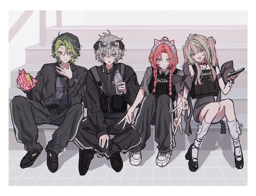 2boys, absurdres, animal_ears, black_jacket, black_pants, black_shirt, blonde_hair, bottle