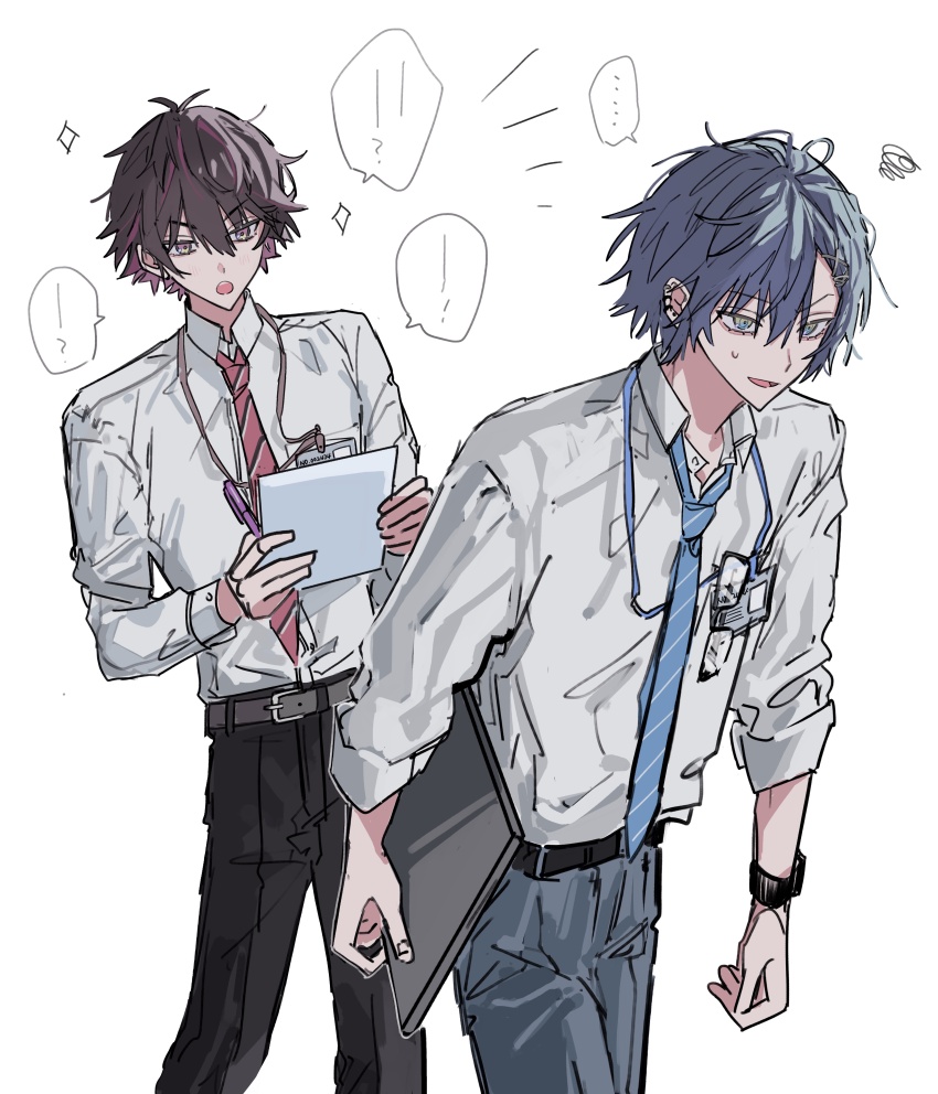 2boys, absurdres, belt, blue_necktie, bubble, clipboard, collared_shirt, diagonal-striped_clothes