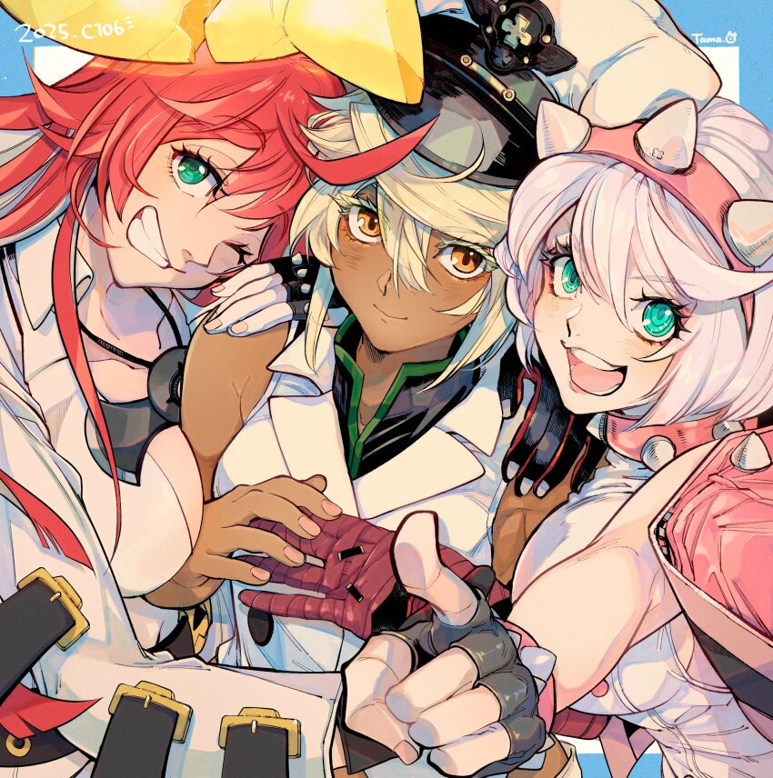 3girls, :d, aqua_eyes, bandaged_hand, bandages, bare_shoulders, black_gloves, blonde_hair, brown_eyes, colored_inner_hair, commentary_request, dark-skinned_female, dark_skin, elphelt_valentine, fingerless_gloves, gloves, green_eyes, grin, guilty_gear, guilty_gear_strive, hair_between_eyes, hairband, hand_on_another's_shoulder, highres, jack-o'_valentine, long_hair, looking_at_viewer, multicolored_hair, multiple_girls, one_eye_closed, open_mouth, osaka_tama, pink_hairband, pointing, pointing_at_viewer, ramlethal_valentine, red_hair, short_hair, siblings, sisters, smile, spiked_hairband, spikes, white_hair