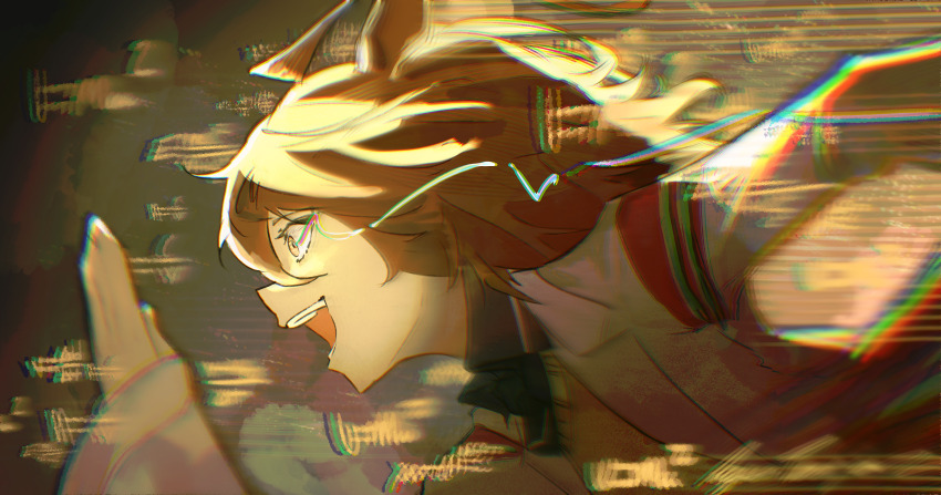 1girl, absurdres, agnes_tachyon_(tach-nology)_(umamusume), agnes_tachyon_(umamusume), black_necktie, black_shirt, brown_hair, coat, collared_shirt, distortion, eye_trail, hair_between_eyes, highres, lab_coat, light_trail, long_sleeves, medium_hair, necktie, open_clothes, open_coat, open_mouth, peemy, red_eyes, running, shirt, short_necktie, sleeves_past_wrists, smile, solo, sweater, umamusume, white_coat, yellow_sweater