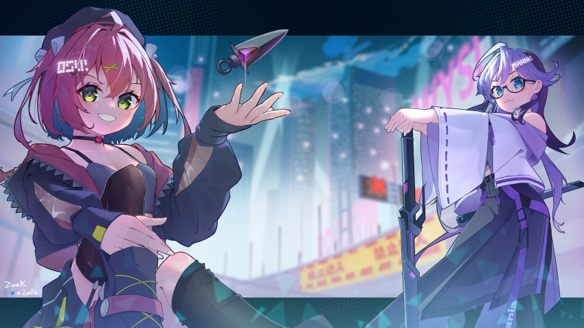 2girls, 727_(meme), :3, ahoge, artist_name, bare_shoulders, black-framed_eyewear, black_choker