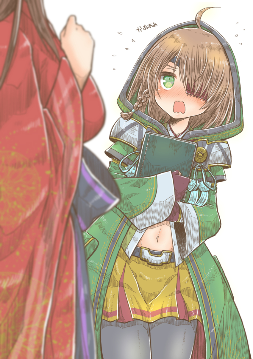 2girls, ahoge, black_pantyhose, blush, book, braid, braided_sidelock, breasts, brown_hair, coat, coat_pouch, detached_sleeves, embarrassed, eyepatch, fingerless_gloves, flying_sweatdrops, gloves, green_coat, green_eyes, green_hood, green_kimono, hair_over_one_eye, hands_on_own_chest, highres, hkywymzk, hojo_ujimasa_(sengoku_otome), holding, holding_book, hood, hugging_book, hugging_object, japanese_clothes, kimono, multiple_girls, navel, neck_ribbon, nose_blush, open_mouth, pantyhose, purple_ribbon, red_kimono, ribbon, sengoku_otome, short_hair, skirt, sweatdrop, wavy_mouth, yamamoto_kansuke_(sengoku_otome), yellow_skirt