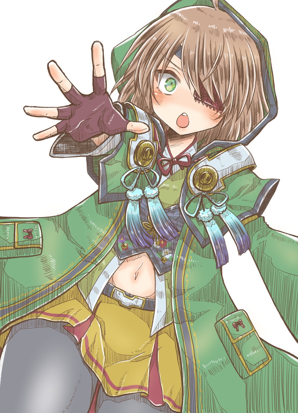 1girl, ahoge, black_pantyhose, blush, braid, braided_sidelock, brown_hair, chestnut_mouth