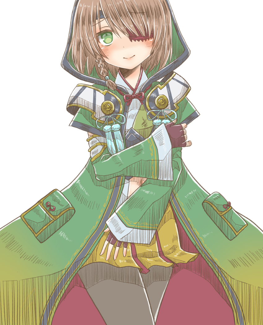 1girl, black_pantyhose, blush, braid, braided_sidelock, brown_hair, coat, coat_pouch