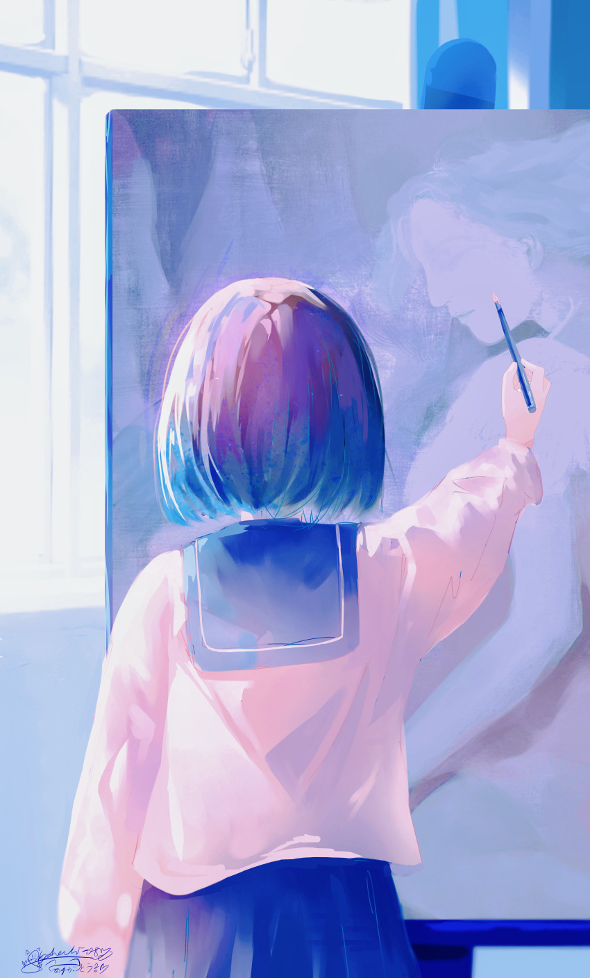 1girl, absurdres, blue_period, blue_sailor_collar, blue_skirt, canvas_(object), dated, day