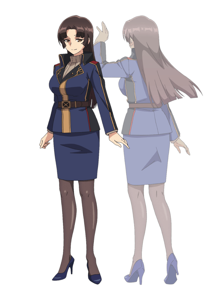 2girls, anime_coloring, arm_up, back, belt, black_pantyhose, blue_jacket, blue_skirt