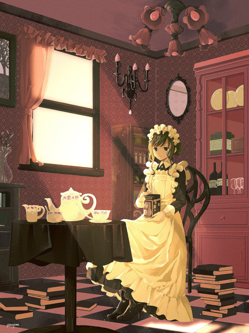 1girl, ?, absurdres, antique_camera, apron, artist_name, black_dress, black_eyes