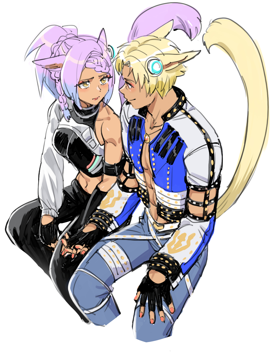 1boy, 1girl, animal_ears, asymmetrical_sleeves, black_gloves, blonde_hair, braid, cat_boy