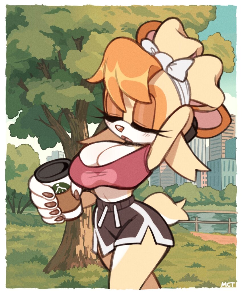 1girl, alternate_costume, animal_ears, animal_nose, arm_behind_head, arm_up, black_shorts, body_fur