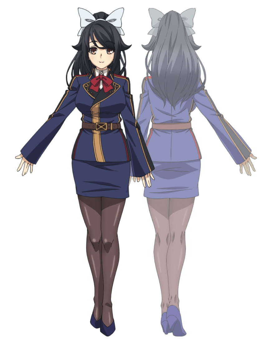2girls, anime_coloring, back, belt, black_hair, black_pantyhose, blue_jacket, blue_skirt