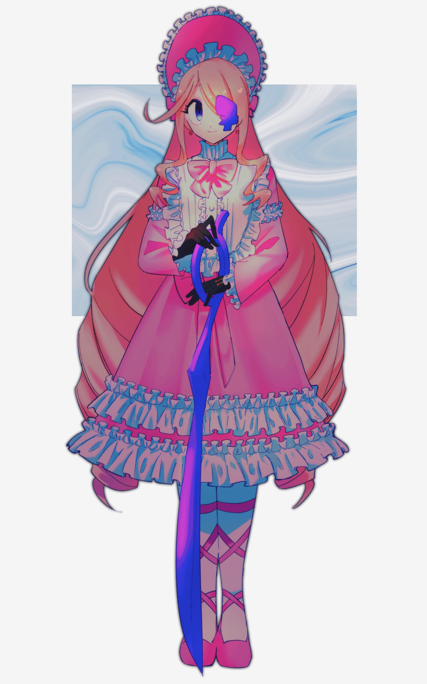 1girl, absurdres, ballet_slippers, bib_collar, black_gloves, blonde_hair, blue_eyes, bonnet