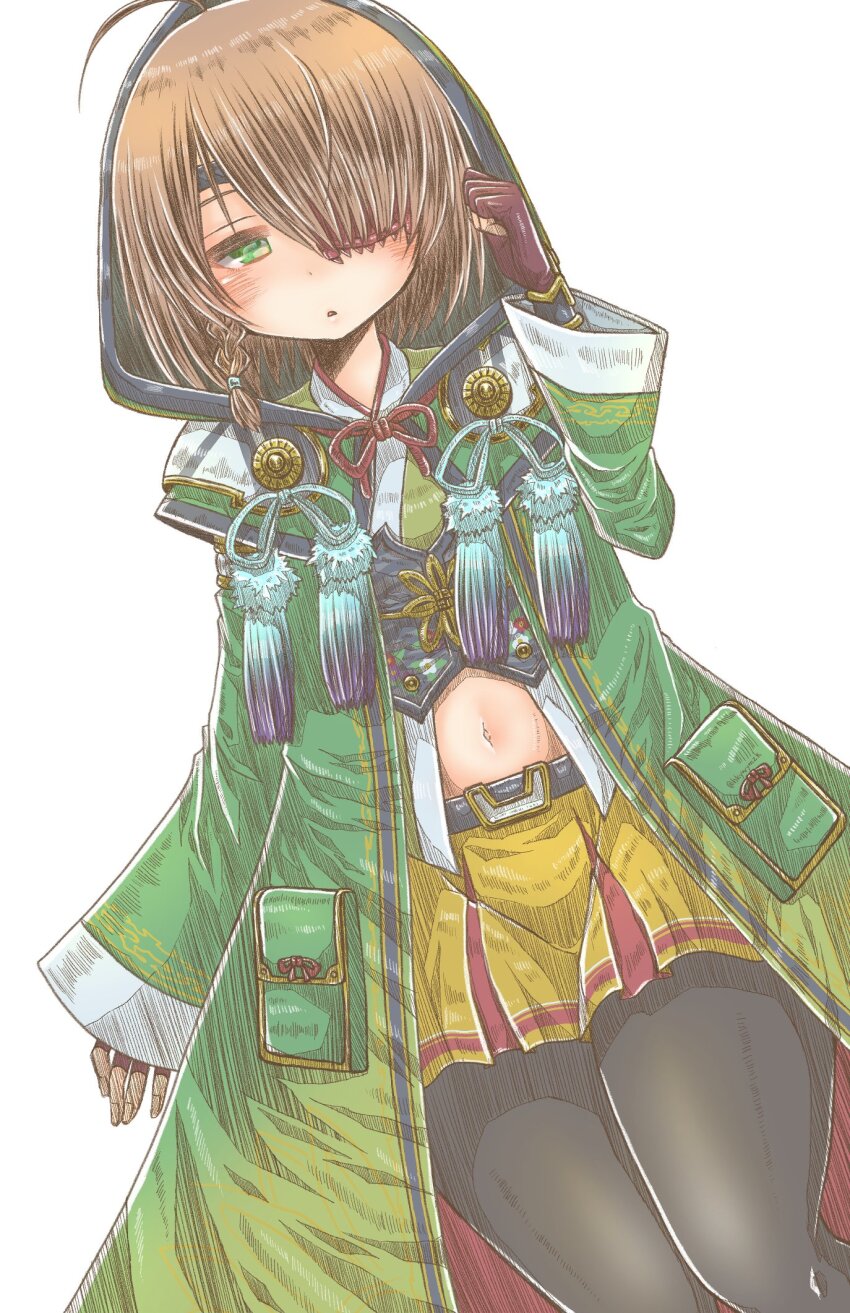 ahoge, arm_up, black_pantyhose, blush, braid, braided_sidelock, brown_hair, coat