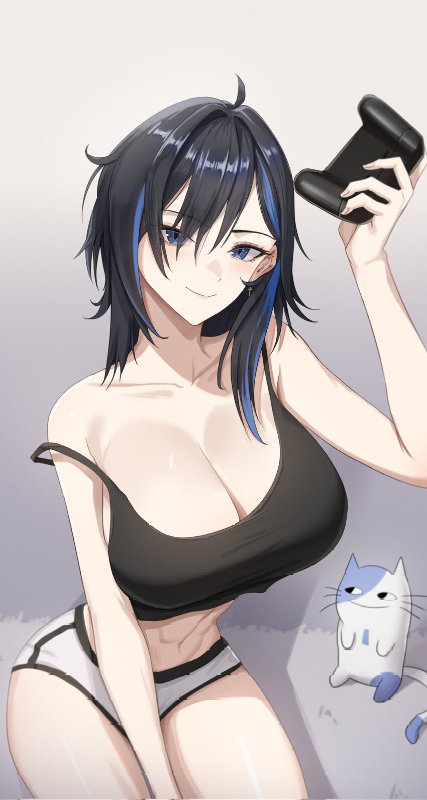 1girl, ahoge, ayase_yuu, black_hair, black_tank_top, blue_eyes, blue_hair, breasts, cleavage, closed_mouth, collarbone, commission, controller, corrupted_twitter_file, cross, cross_earrings, earrings, game_controller, highres, holding, holding_controller, holding_game_controller, jewelry, large_breasts, multicolored_hair, navel, phase_connect, second-party_source, shadow, single_bare_shoulder, smile, strap_slip, streaked_hair, tank_top, toned, virtual_youtuber, yuunion_(ayase_yuu), zenya