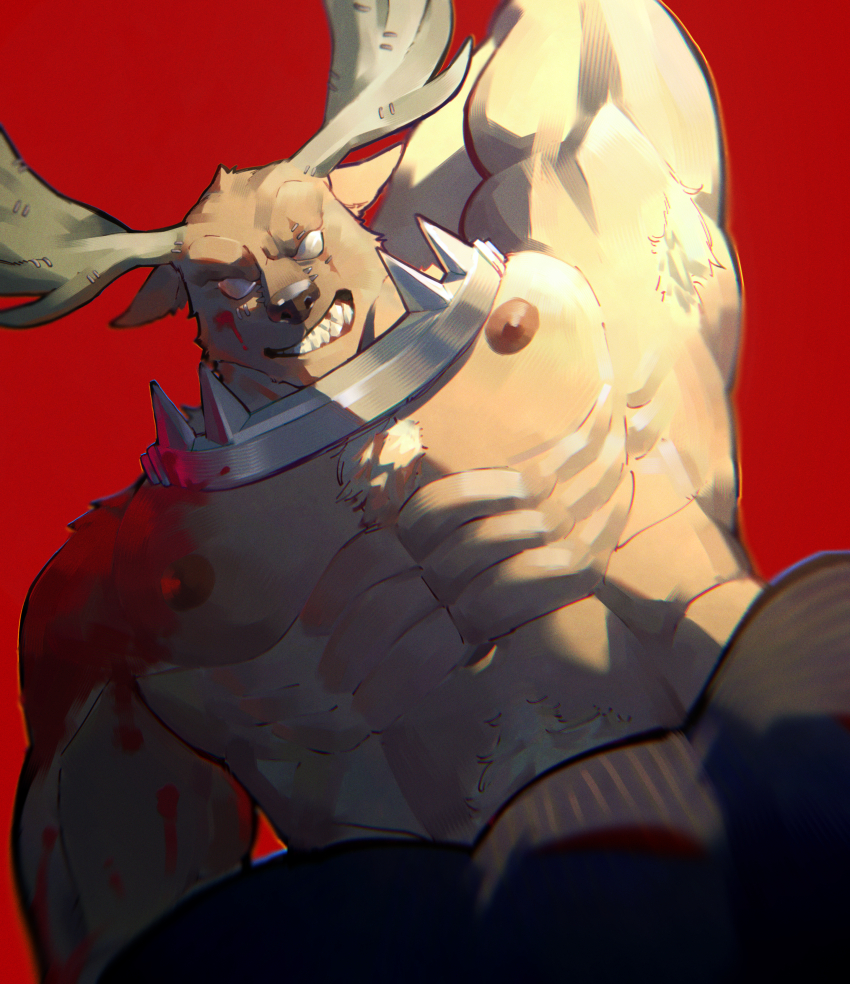 1boy, abs, absurdres, animal_ears, antlers, arm_up, armpit_hair, armpits, bane_(identity_v), bara, bare_pectorals, biceps, blood_on_shoulder, bulge, clenched_teeth, deer_antlers, deer_boy, deer_ears, fangs, furry, furry_male, highres, horns, identity_v, looking_at_viewer, male_focus, muscular, muscular_male, navel, nipples, pectorals, pluto_(pu94_d1de4c), red_background, scar, scar_across_eye, scar_on_face, teeth, topless_male