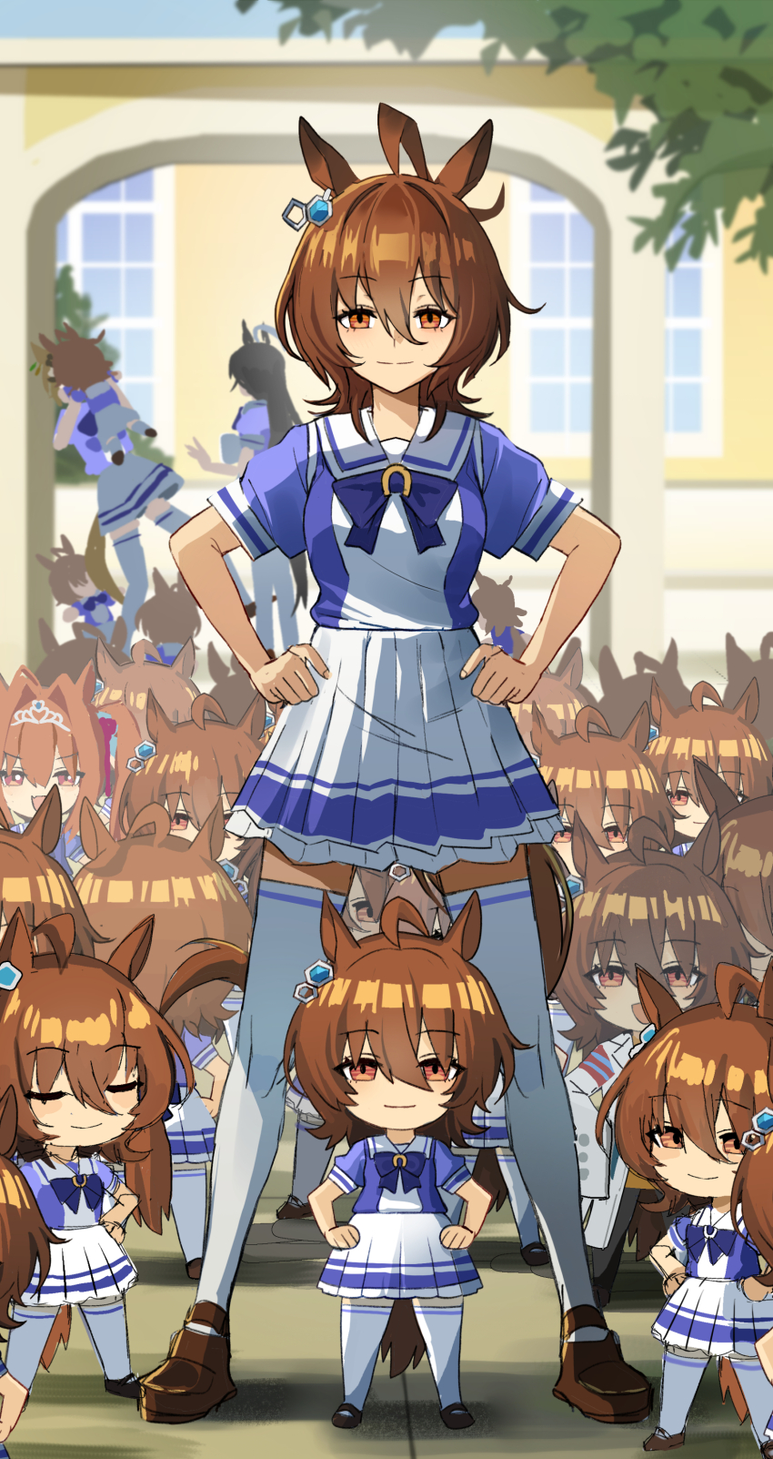 6+girls, absurdres, agnes_tachyon_(umamusume), ahoge, animal_ears, brown_hair, chibi, clone, commentary, commentary_request, daiwa_scarlet_(umamusume), deformed, earrings, franz2543, hair_between_eyes, hands_on_own_hips, highres, horse_ears, horse_girl, horse_tail, jewelry, jungle_pocket_(umamusume), lab_coat, long_sleeves, manhattan_cafe_(umamusume), mini_person, minigirl, multiple_girls, multiple_persona, red_eyes, school_uniform, shirt, single_earring, standing, surrounded, tail, thighhighs, too_many, too_many_clones, tracen_school_uniform, tree, umamusume, umayuru, white_thighhighs, zettai_ryouiki