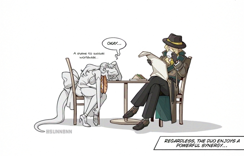 1boy, 1girl, 6_(reverse:1999), 6_(time_and_location)_(reverse:1999), anjo_nala, bare_shoulders, black_hat, black_pants, black_shoes, blonde_hair, bread, breasts, brown_coat, brown_gloves, chair, coat, color_drain, crossed_legs, cup, curled_horns, dress, drinking, elbow_gloves, english_text, fedora, food, food_in_mouth, full_body, gloves, hat, head_on_table, high_heels, holding, holding_cup, holding_newspaper, horns, large_breasts, lizard_tail, long_dress, long_hair, low_horns, low_ponytail, necktie, newspaper, official_alternate_costume, on_chair, pants, ponytail, reading, reverse:1999, sandwich, shirt, shoes, sitting, sleeveless, sleeveless_dress, speech_bubble, sunnbnn, table, tail, trench_coat, white_background, white_gloves, white_shirt, yellow_necktie