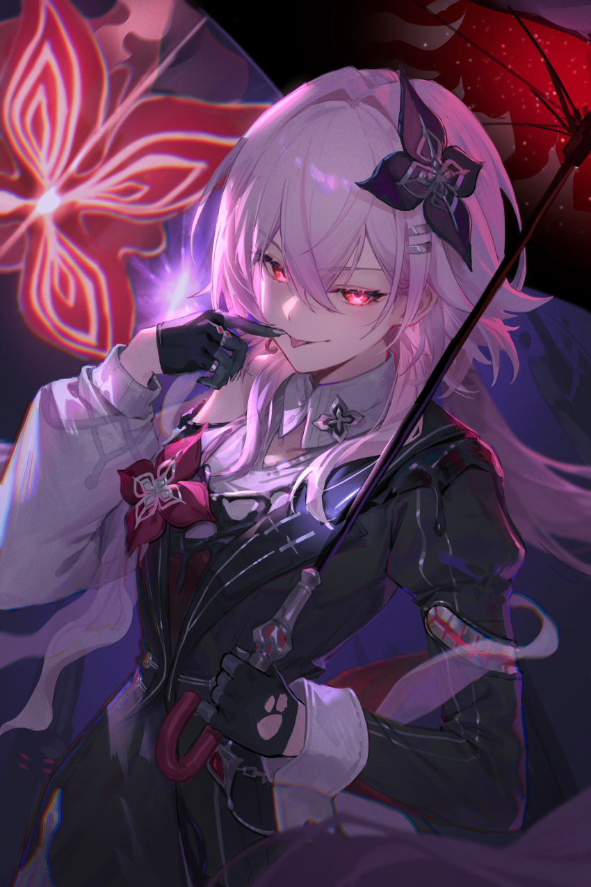 1girl, absurdres, black_flower, black_gloves, black_jacket, black_umbrella, breasts, commentary_request