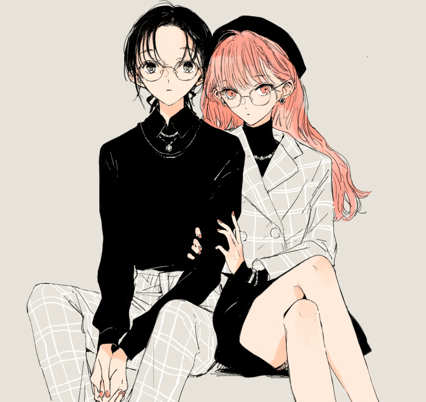 2girls, beret, black_hair, earrings, glasses, grey_background, hat, highres