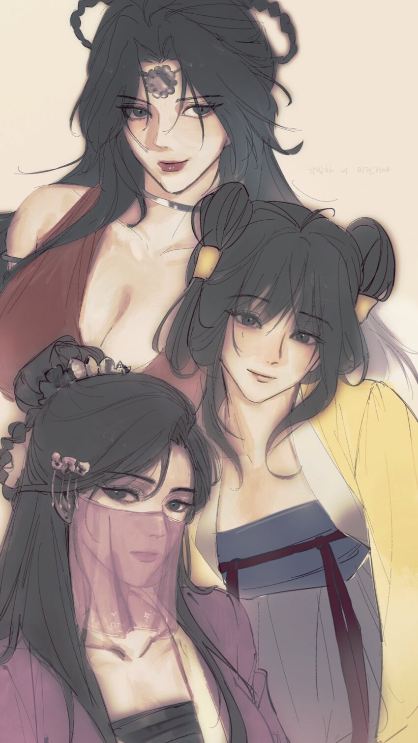 3girls, ahoge, armpit_crease, bangs_pinned_back, black_eyes, black_hair, braid, braided_hair_rings