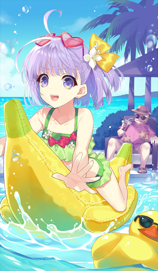 1boy, 1girl, bow, breasts, chaldea_u-summer_island, fate/grand_order, fate_(series), goredolf_musik