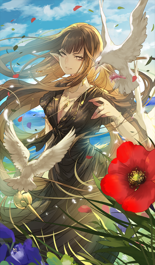 1girl, bird, black_dress, blue_sky, breasts, brown_hair, chaldea_u-summer_island, cleavage