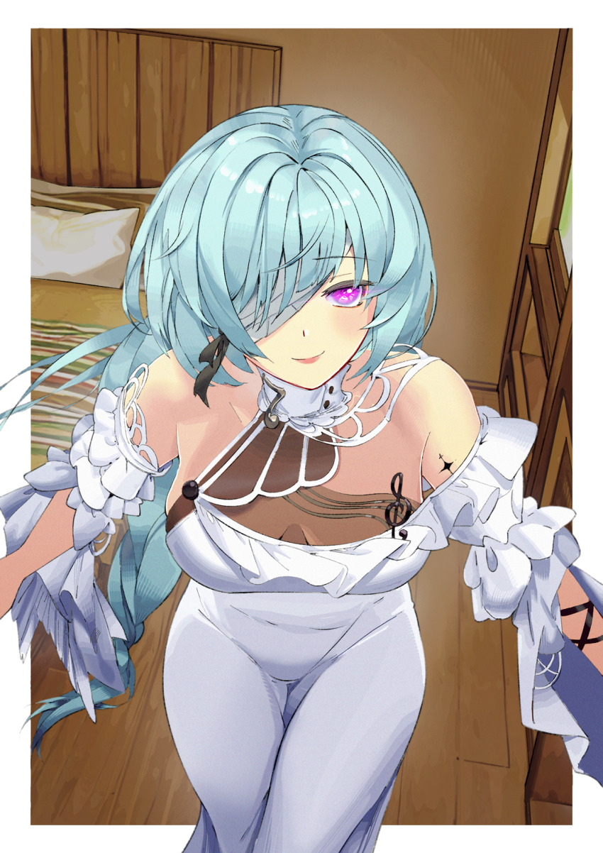 1girl, aduo, bandage_over_one_eye, bare_shoulders, bed, bedroom, border, breasts