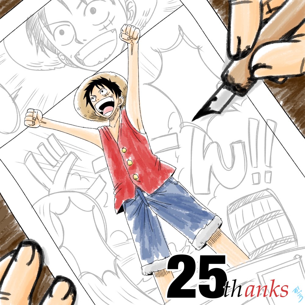 1boy, arms_up, commentary_request, drawing_(action), hat, holding, holding_pen, monkey_d._luffy