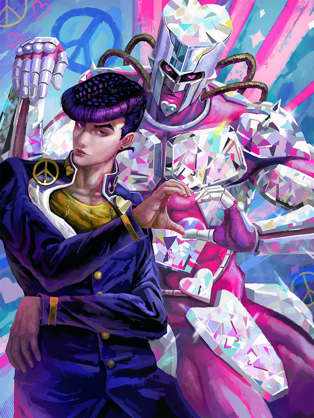 1boy, abstract_background, anchor_ornament, armor, buttons, closed_mouth, colored_skin, colorful, crazy_diamond, diamond_wa_kudakenai, formal_clothes, gakuran, heart, heart_hands, heart_ornament, helmet, higashikata_josuke, highres, jacket, jojo_no_kimyou_na_bouken, pauldrons, peace_symbol, pink_skin, pompadour, purple_eyes, purple_gakuran, purple_hair, school_uniform, shiny_clothes, shirt, shoulder_armor, stand_(jojo), suit, suit_jacket, yanmanxplore, yellow_shirt
