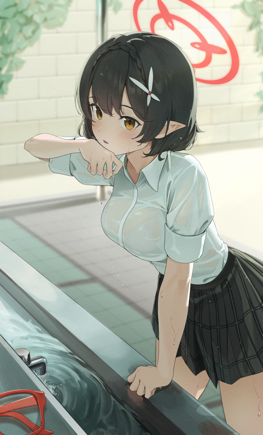 1girl, absurdres, ayane_(blue_archive), black_hair, black_skirt, blue_archive, blush, bra_visible_through_clothes