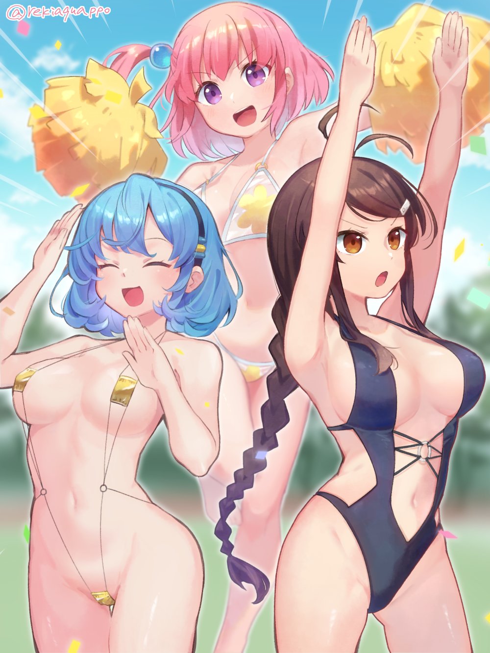 3girls, blue_hair, brown_eyes, brown_hair, character_request, highres, long_hair, multiple_girls