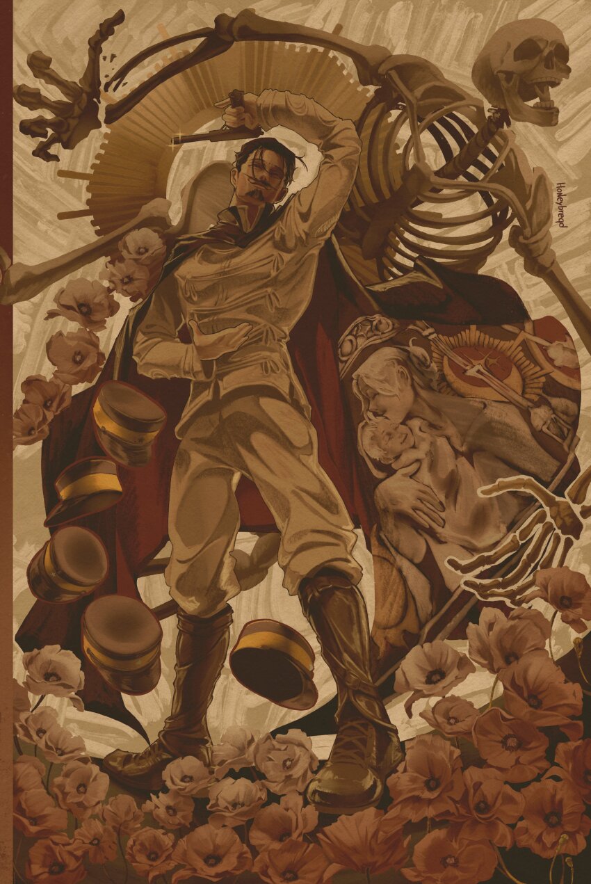 1boy, absurdres, artist_name, beard, black_hair, bone, boots, brown_theme, cape, facial_hair, family, fina_(golden_kamuy), flower, golden_kamuy, gun, hat, highres, holding, holding_gun, holding_weapon, kepi, long_sleeves, madu_(honeybreqd), military_hat, mustache, olga_(golden_kamuy), pants, skull, sparkle, tsurumi_tokushirou, unworn_hat, unworn_headwear, weapon