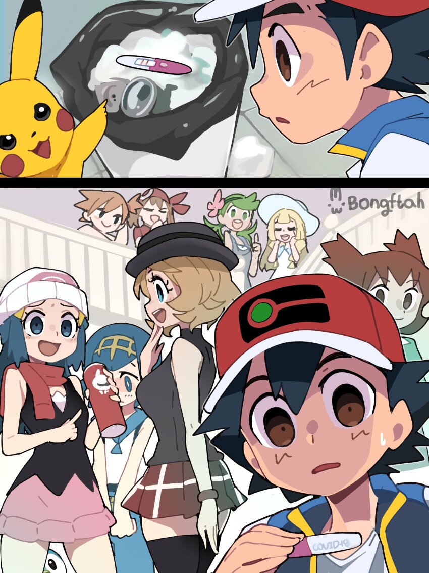 1boy, 6+girls, absurdres, artist_name, ash_ketchum, bandana, beanie, bianca_(pokemon_heroes), black_shirt, black_thighhighs, blonde_hair, blue_hair, blue_pants, bongftah, bracelet, breasts, bright_pupils, commentary, covid-19_test, dawn_(pokemon), empty_eyes, eye_reflection, flower_hairband, furrowed_brow, gen_1_pokemon, gen_3_pokemon, gen_4_pokemon, green_hair, green_hairband, hair_between_eyes, hairband, hand_on_own_chin, hat, highres, holding, holding_pregnancy_test, jewelry, lana_(pokemon), latias, legendary_pokemon, lillie_(pokemon), mallow_(pokemon), may_(pokemon), misty_(pokemon), multiple_girls, nintendo, open_mouth, orange_hair, pants, pikachu, pink_skirt, piplup, plaid_clothes, plaid_skirt, pointing, pokemon, pokemon_(anime), pokemon_(classic_anime), pokemon_(creature), pokemon_heroes:_latios_&amp;_latias, pokemon_journeys, pokemon_the_series:_ruby_and_sapphire, pokemon_the_series:_sun_&amp;_moon, ponytail, pregnancy_test, pringles_can, red_bandana, red_scarf, red_skirt, reflection, scarf, serena_(pokemon), shirt, short_hair, short_ponytail, side_ponytail, skirt, sleeveless, sleeveless_shirt, sleeveless_turtleneck, small_sweatdrop, spiked_hair, untranslatable_commentary, teeth, thighhighs, trait_connection, trash_can, turtleneck, twintails, upper_teeth_only, v_arms, when_you_see_it, white_hat, white_pupils, white_shirt, yellow_hairband, zettai_ryouiki