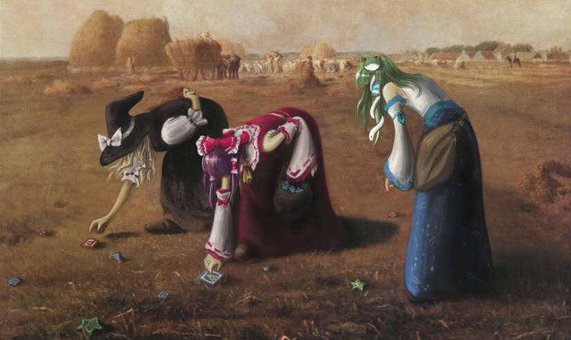 3girls, black_hair, blonde_hair, bow, detached_sleeves, female_focus, fine_art_parody, frog, frog_hair_ornament, gameplay_mechanics, grass, green_hair, hair_bow, hair_ornament, hair_tubes, hairpin, hakurei_reimu, hat, kirisame_marisa, kochiya_sanae, long_hair, multiple_girls, parody, power-up, snake, snake_hair_ornament, the_gleaners, touhou, witch_hat