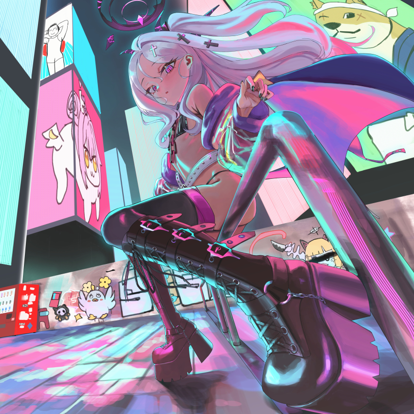 1girl, :3, absurdres, alternate_costume, bikini, black_bikini, black_boots, black_halo, black_horns, black_thighhighs, blue_archive, boots, chen_bingyou, city, city_lights, cityscape, creature, cross_hair_ornament, death_momoi_(meme), demon_girl, demon_horns, demon_wings, doge, doodle_sensei_(blue_archive), doro_(nikke), flat_chest, forehead, goddess_of_victory:_nikke, graffiti, hair_ornament, halo, high_heel_boots, high_heels, highres, hina_(blue_archive), horns, long_hair, looking_at_viewer, low_wings, master_shiba_(blue_archive), meme, mika_(blue_archive), multiple_horns, navel, neon_lights, neon_palette, parted_bangs, peroro_(blue_archive), purple_eyes, purple_wings, sensei_(blue_archive), sitting, skull_man_(blue_archive), solo, swimsuit, thighhighs, vending_machine, very_long_hair, wings