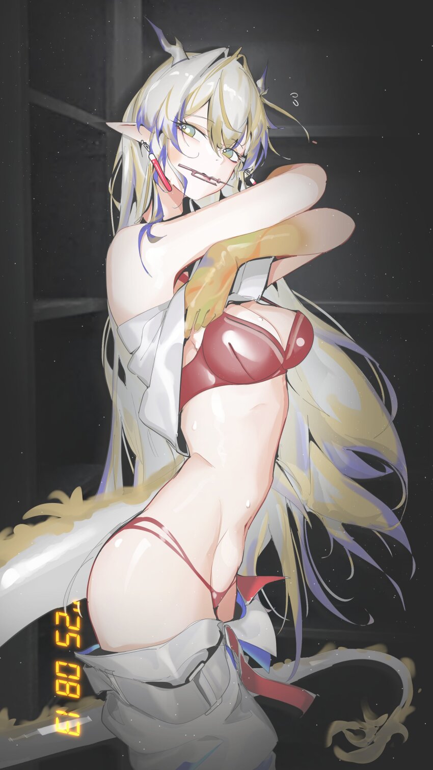 1girl, absurdres, arknights, blonde_hair, blue_hair, bra, breasts, bright_pupils, cleavage, colored_extremities, dated, dragon_girl, dragon_horns, dragon_tail, earrings, eastern_dragon_horns, eastern_dragon_tail, grey_eyes, grey_hair, hairpin_in_mouth, highres, horns, jewelry, khrnnfz, medium_breasts, micro_panties, multicolored_hair, panties, pants, pointy_ears, red_bra, red_panties, shu_(arknights), solo, strapless, streaked_hair, tail, tube_top, underwear, undressing, white_pants, white_pupils, white_tube_top, yellow_hands