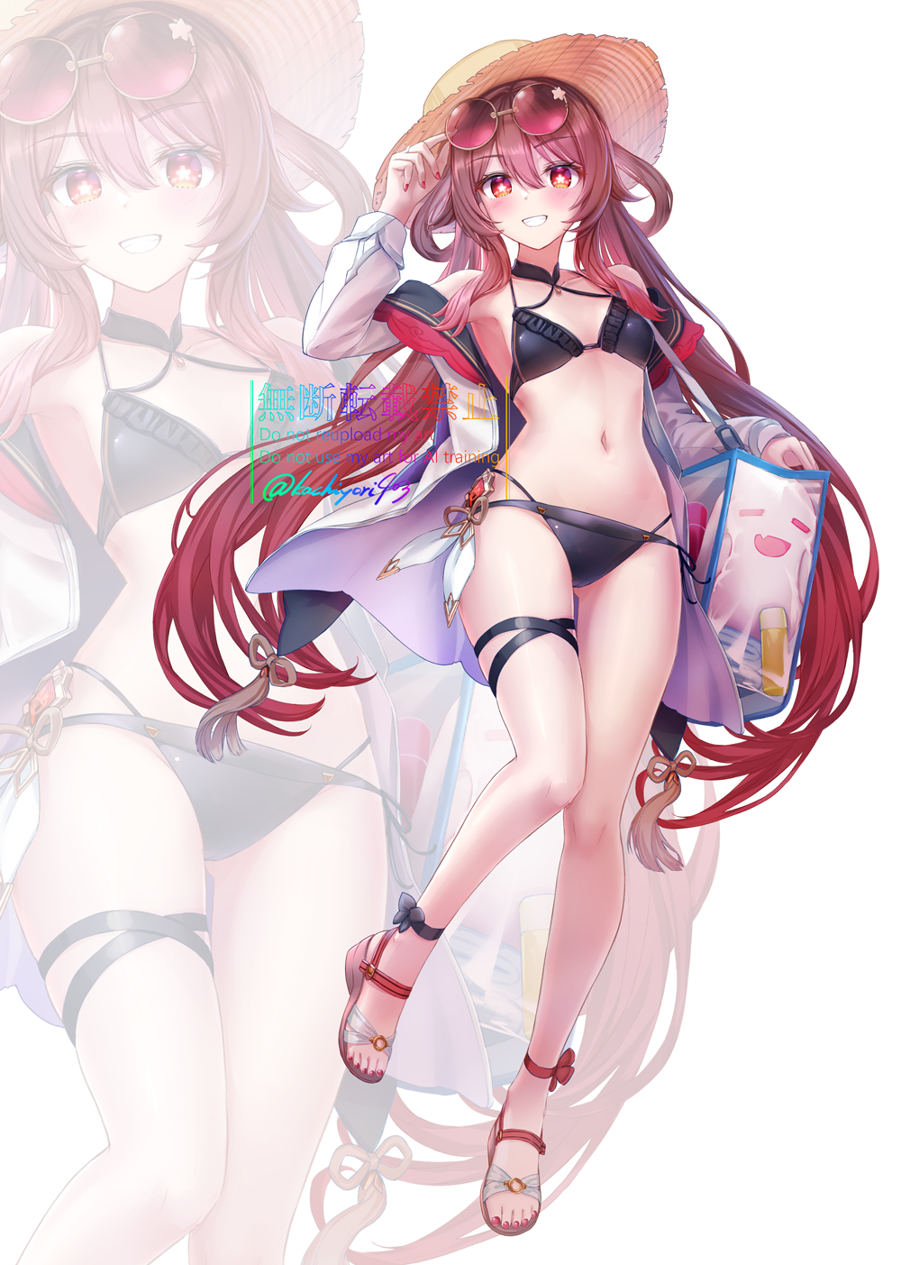 1girl, ankle_ribbon, bare_shoulders, bikini, black_bikini, blush, boo_tao_(genshin_impact), breasts