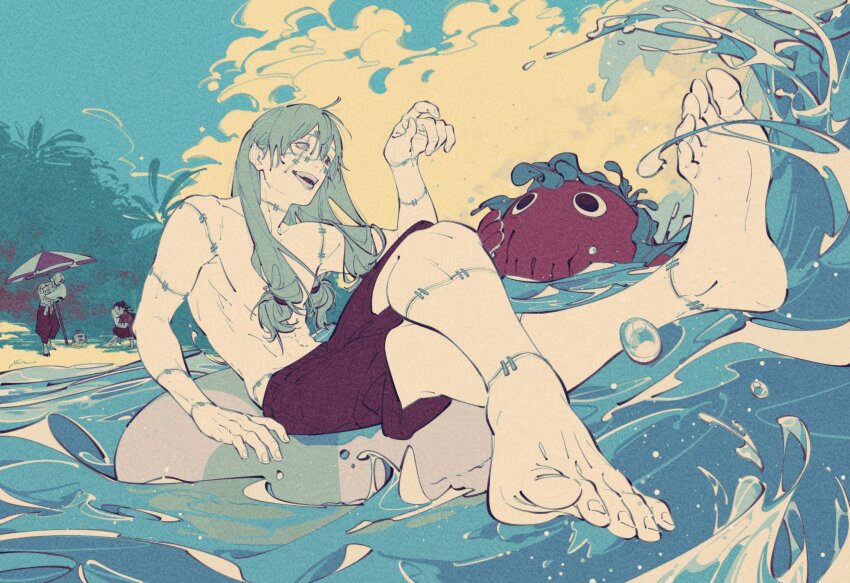 1other, 4boys, beach_umbrella, black_shorts, blue_hair, cloud, colored_skin, dagon_(jujutsu_kaisen)