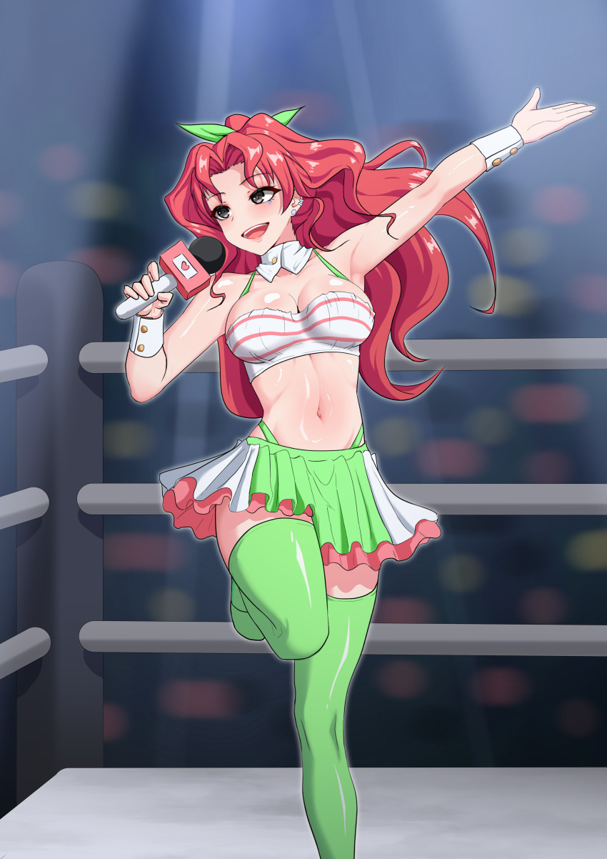 1girl, absurdres, arm_up, armpits, green_skirt, highres, holding, holding_microphone