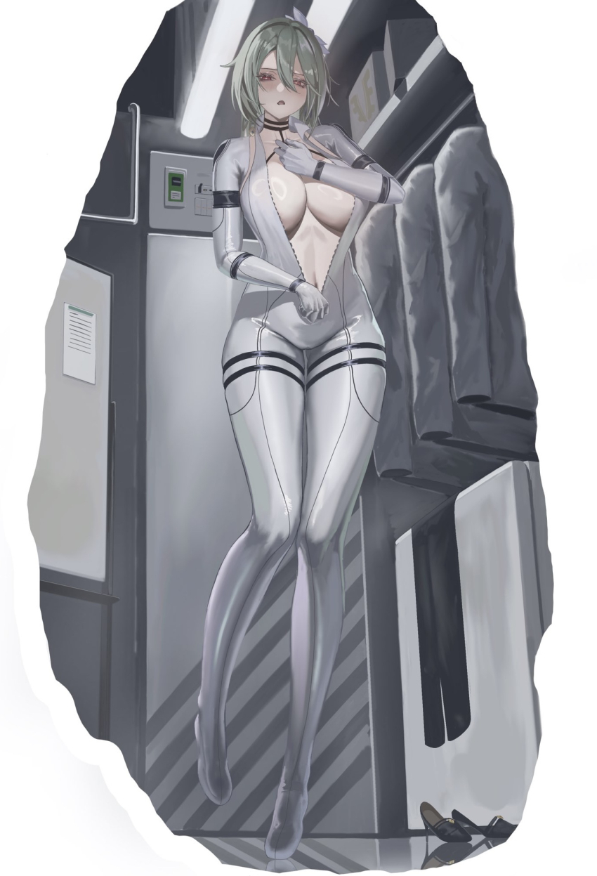 1girl, bodysuit, breasts, commentary, grey_bodysuit, grey_hair, hair_between_eyes, highres