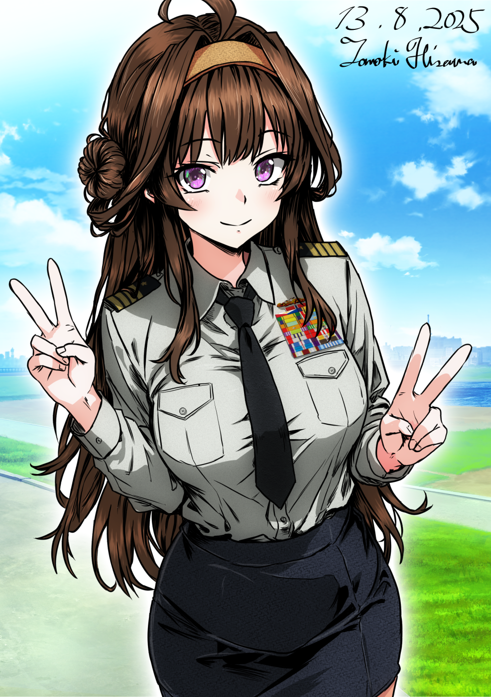 1girl, ahoge, alternate_costume, artist_name, black_necktie, black_skirt, breast_pocket, breasts