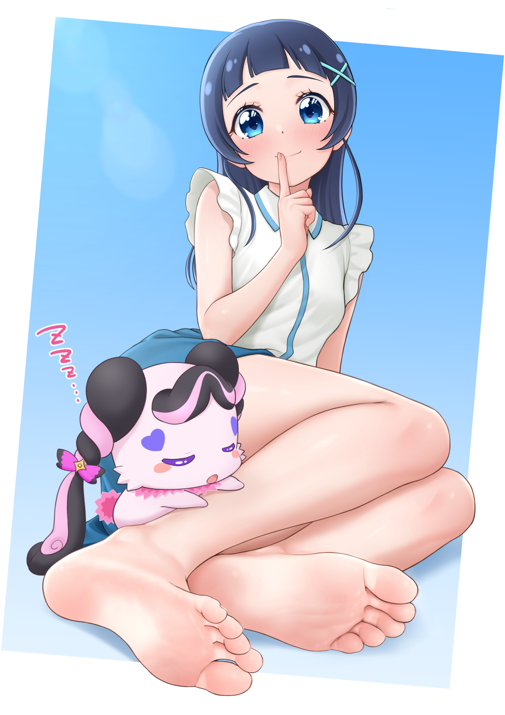 1girl, aokaze_nana, arched_bangs, arm_support, bare_arms, bare_legs, barefoot, black_bow, black_hair, blue_background, blue_eyes, blue_hair, blue_skirt, blush, blush_stickers, bow, breasts, butterfly_bow, butterfly_hair_ornament, closed_eyes, closed_mouth, collar, collared_shirt, commentary, creature, curly_hair, facial_mark, fairy, feet, finger_to_mouth, fingernails, foot_focus, full_body, fur-trimmed_collar, fur_trim, hair_bow, hair_ornament, hands_on_another's_leg, heart, heart_facial_mark, highres, hinosaki, index_finger_raised, kimi_to_idol_precure, long_hair, looking_at_viewer, mascot, meroron_(fairy)_(precure), meroron_(precure), multicolored_bow, multicolored_hair, open_mouth, pink_bow, pink_collar, pink_fur, precure, shirt, short_twintails, shushing, simple_background, sitting, skirt, sleeping, sleeveless, sleeveless_shirt, small_breasts, smile, soles, star_(symbol), star_hair_ornament, tail, toes, twintails, two-tone_background, two-tone_bow, two-tone_hair, white_background, white_shirt, x_hair_ornament, zzz