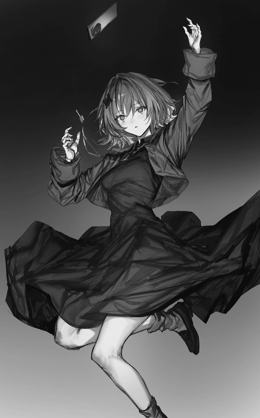 1girl, absurdres, catching, chinese_commentary, commentary, commentary_request, dress, english_commentary, flying, full_body, gradient_background, greyscale, hair_between_eyes, hair_ornament, hairclip, highres, ikonu_(lavender_quartz), jacket, key, lavender_quartz, lavender_quartz:_kyoukai_hyoudou, lm7_(op-center), long_dress, long_sleeves, looking_at_viewer, medium_hair, mixed-language_commentary, monochrome, open_clothes, open_jacket, parted_lips, phone, shoes, simple_background, socks, solo