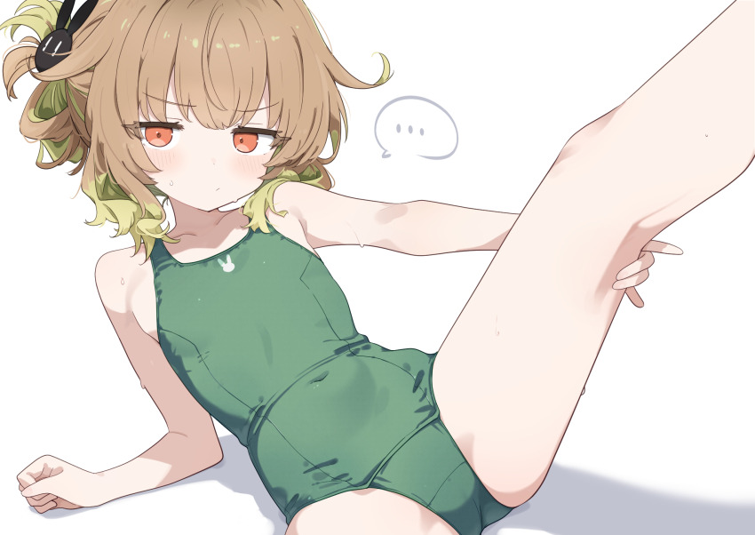 ..., 1girl, blush, covered_navel, flat_chest, green_one-piece_swimsuit, haconect, highres