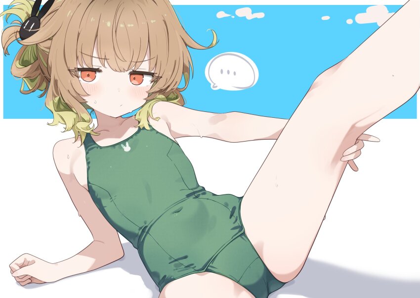 ..., 1girl, blush, covered_navel, flat_chest, green_one-piece_swimsuit, haconect, highres