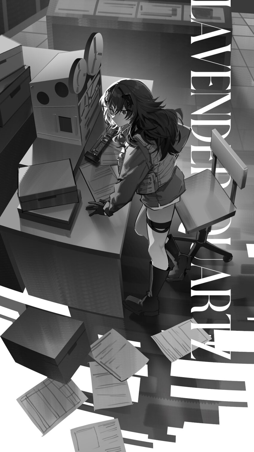 1girl, arm_support, boots, box, chair, cirsium_(lavender_quartz), commentary_request, copyright_name