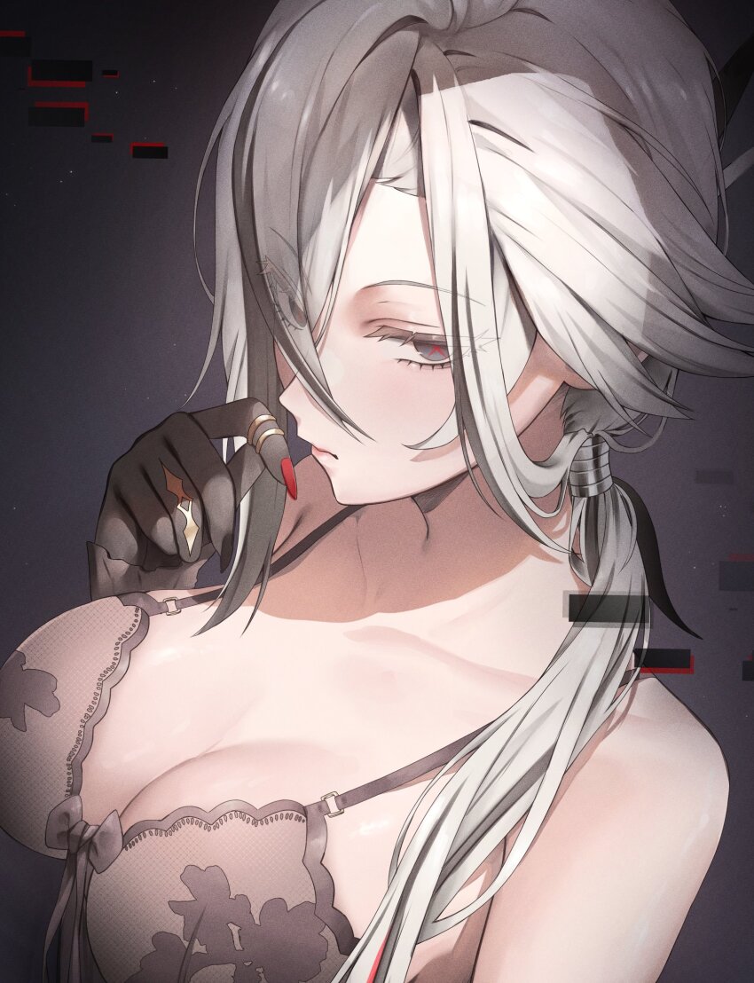 1girl, arlecchino_(genshin_impact), black_eyes, black_hair, breasts, cleavage, collarbone, colored_extremities, fingernail_gloves, genshin_impact, highres, large_breasts, multicolored_hair, streaked_hair, symbol-shaped_pupils, vitaminechan, white_hair, x-shaped_pupils