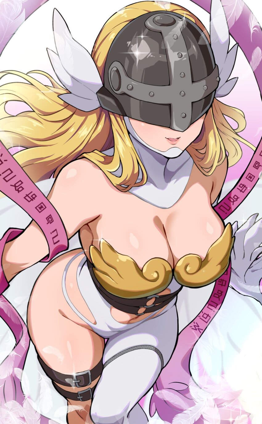 1girl, angewomon, bare_shoulders, belt, blonde_hair, breasts, cleavage, covered_eyes